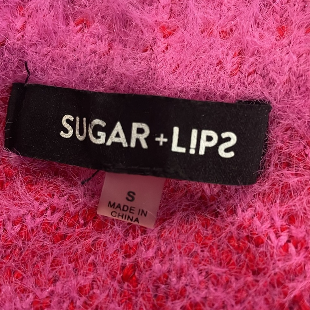 SUGAR LIPS Chevron Cheshire Eyelash Pink Red Crop Print Fuzzy Sweater - Size S - Picture 4 of 12